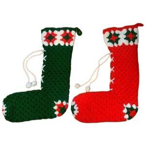 Handmade Vintage Crochet Christmas Stockings Set Red Green Pom-Pom Accents